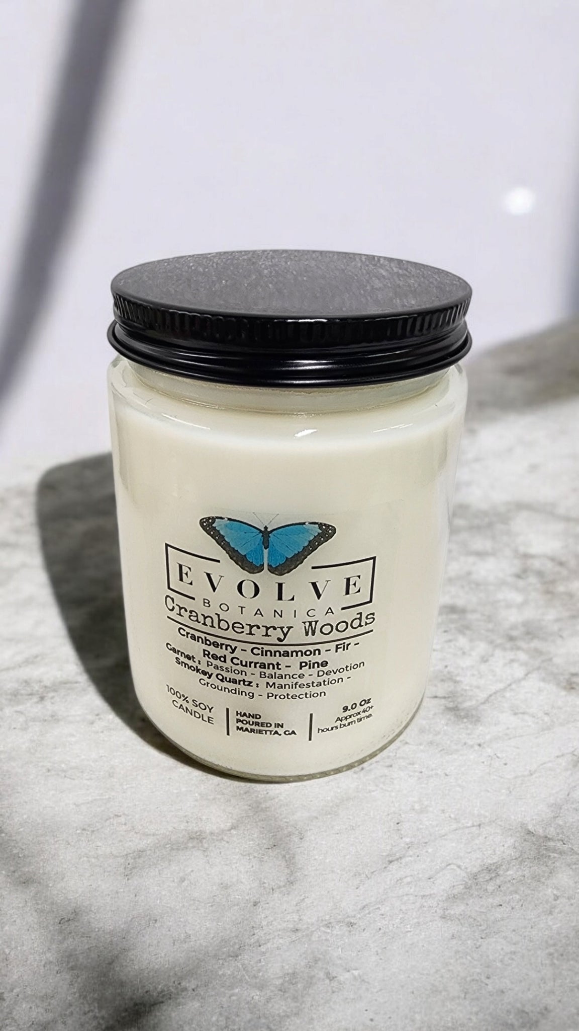 Classic 9oz Jam Jar Crystal Soy Candle - Cranberry Woods (Garnet & Smokey Quartz)